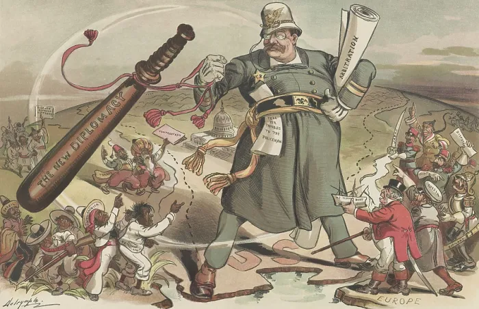 Framed Print : THE WORLDS CONSTABLE, PUCK Magazine cartoon of Jan. 14, 1905