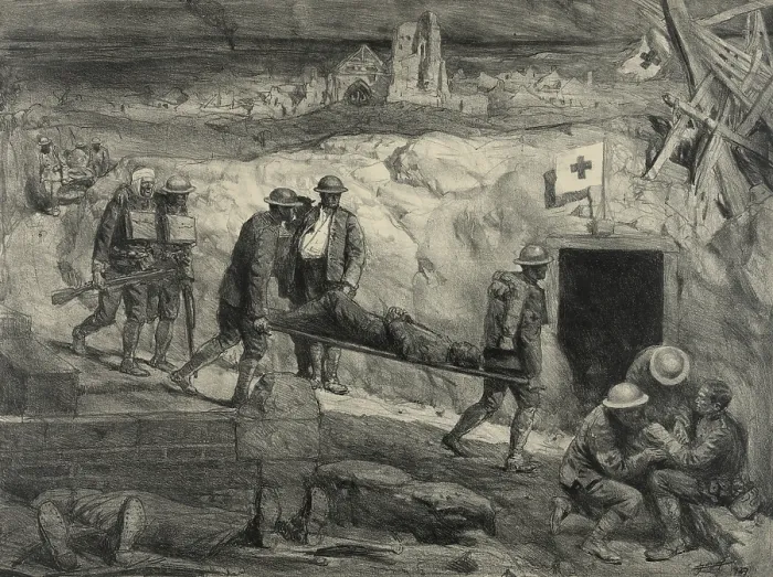 Framed Print : Wounded American soldiers entering an aid station in France during WW1. 1917-18. 1927 lithograph by Lucian Jonas. (BSLOC_2012_4_36)