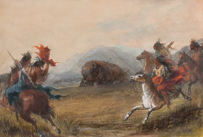 Framed Print : WOUNDED BUFFALO, 1837-1838, by Alfred Jacob Miller, watercolor painting. American Indians approach a disabled bison wounded by two projectiles