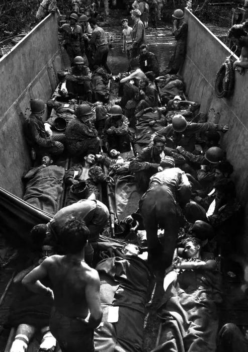 Framed Print : Wounded U.S. soldiers on stretchers aboard a transport at Munda Point, New Georgia. Battle of Munda Point (July 22 -Aug. 4, 1943), was a U.S
