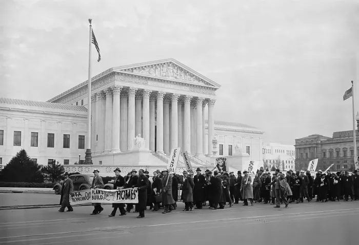 Framed Print : WPA protest march in front of the U.S. Supreme Court, Jan. 16, 1937. A multiracial group of men and women demonstrated for expansion of the WPA. (BSLOC_2013_7_93)