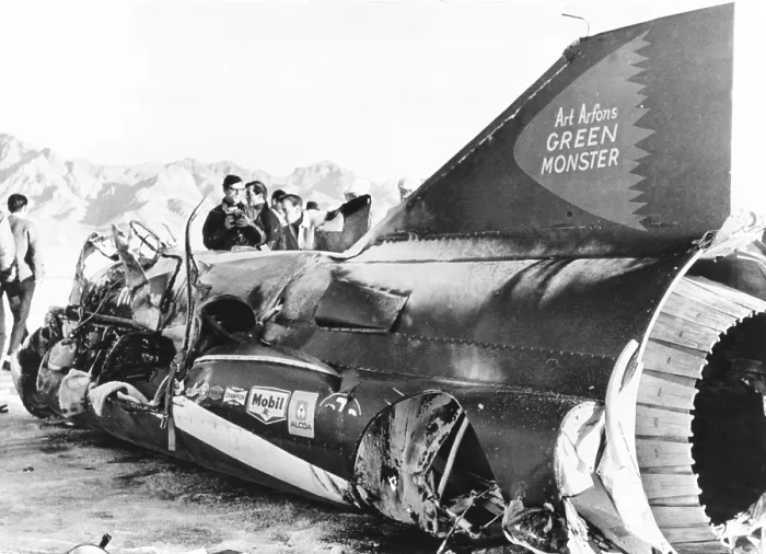 Framed Print : Wreckage of Art Arfons jet racer, the Green Monster, on western Utah's salt flats, Nov. 19, 1966. Art Arfons survived the crash. (CSU_2015_7_423) Framed Print : Wreckage of Art Arfons jet racer, the Green Monster, on western Utah's salt flats, Nov. 19, 1966. Art Arfons survived the crash. (CSU_2015_7_423)