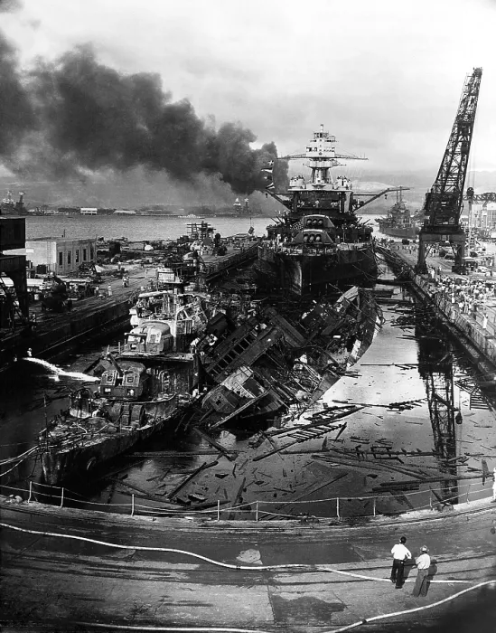 Framed Print : The wreckage of the destroyers USS Downes (left) and USS Cassin at Pearl Harbor dry dock. Both ship's hulls were damaged beyond repair in the Japanese attack of Dec