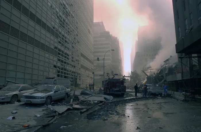 Framed Print : The wreckage of WTC 7, the newest building in the complex which collapsed at 5:20 PM on 9-11. Photo was taken on Barclay Street, looking east toward West Broadway
