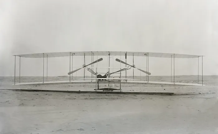 Framed Print : The Wright Brothers machine the plane in which they made the first powered controlled flight in a heavier-than-air airplane on December 17 1903. LC-DIG-ppprs-00615