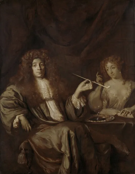 Framed Print : Writer Adriaan van Beverland, with a Prostitute, attrib. to Ary de Vois, 1670-80, Dutch painting, oil on canvas. He was the author of Theological Works and Satirist Framed Print : Writer Adriaan van Beverland, with a Prostitute, attrib. to Ary de Vois, 1670-80, Dutch painting, oil on canvas. He was the author of Theological Works and Satirist