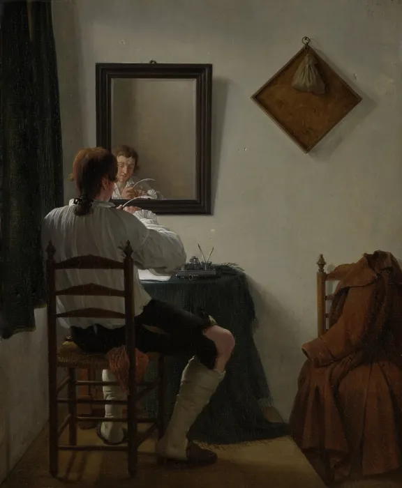 Framed Print : A Writer Trimming his Pen, by Jan Ekels (II), 1784, Dutch painting, oil on panel. A writer cuts his pen in a corner of a small room