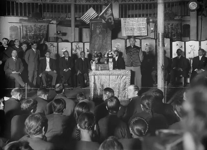 Framed Print : Wu Tingfang speaking to an audience in a Chinese Theatre, NYC, 1908. Wu Tingfang, a Chinese diplomat and politician, served as Minister of Foreign Affairs for the Qing Dynasty