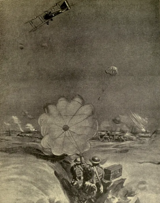 Framed Print : WW1 British airplanes dropped ammunition by parachutes to isolated front lines. 1918. (BSLOC_2012_4_83) Framed Print : WW1 British airplanes dropped ammunition by parachutes to isolated front lines. 1918. (BSLOC_2012_4_83)