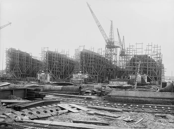 Framed Print : After WW1 was over, four ship hulls are still under construction at the Virginia Shipbuilding Corporation, Feb. 14, 1919