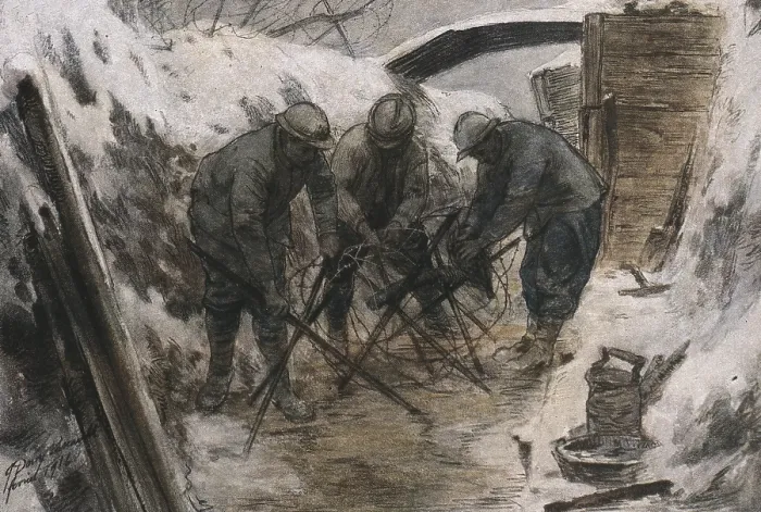 Framed Print : WWI. Western Front. Construction of barbed wire in French trenches. February 1916. Published in 3849 number of 'L'Illustration'. December 1916. Watercolour