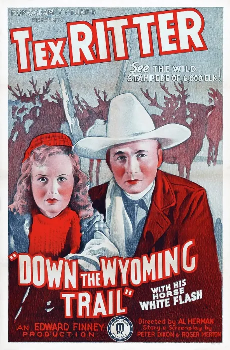 Framed Print : DOWN THE WYOMING TRAIL, l-r: Mary Brodel, Tex Ritter on poster art, 1939