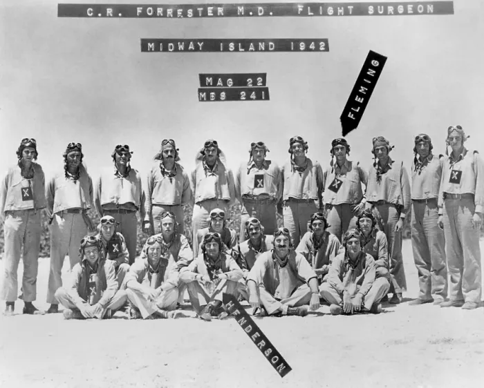 Framed Print : X over image of each man who was killed in action in Battle of Midway, June 3-7, 1942. Pilots of Marine Scout Bombing Squadron VMSB 241 on Midway Atoll in 1942. Lofton R