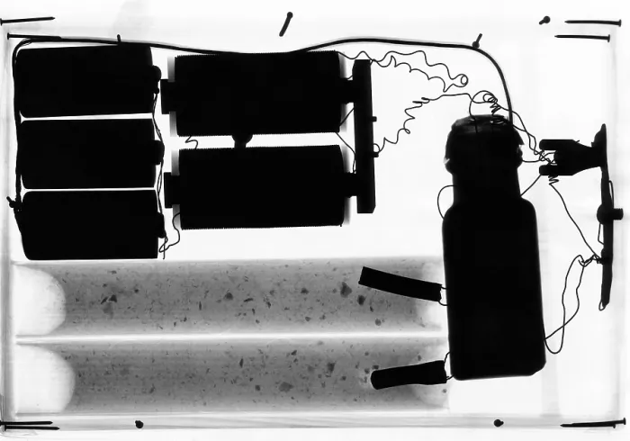 Framed Print : X-ray of bomb. An innocent appearing square package, which did not tick or rattle, was passed under a fluoroscope