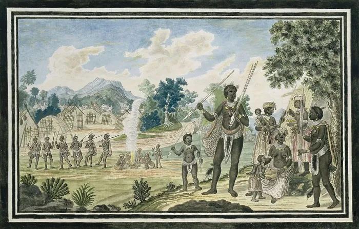 Framed Print : Xhosa warrior with Five Assegais, Walk to the Left, by Robert Jacob Gordon, 1777-86, Scottish drawing, watercolor, ink, on paper