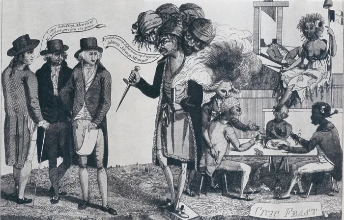 Framed Print : XYZ Affair inspired this 1799 cartoon showing Hydra-headed French Government demanding money from the Americans at dagger's points