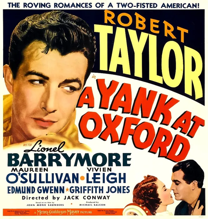 Framed Print : A YANK AT OXFORD, top left: Robert Taylor, bottom from left: Maureen O'Sullivan, Robert Taylor on jumbo window card, 1938 Framed Print : A YANK AT OXFORD, top left: Robert Taylor, bottom from left: Maureen O'Sullivan, Robert Taylor on jumbo window card, 1938