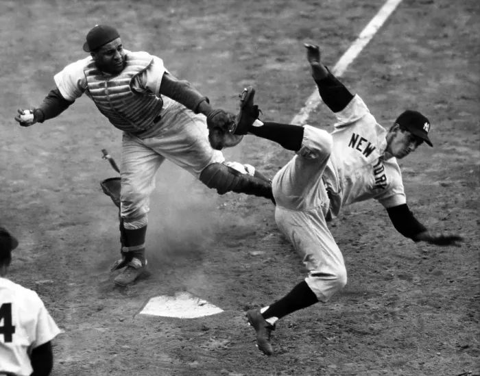 Framed Print : Yankee Billy Martin runs into Dodger's catcher Roy Campanella for the final out of the fourth game in the 1953 World Series. Courtesy: CSU Archives / Everett Collection