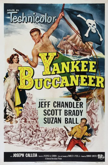 Framed Print : YANKEE BUCCANEER, US poster art, left: Suzan Ball; center: Jeff Chandler; bottom right: Scott Brady, 1952