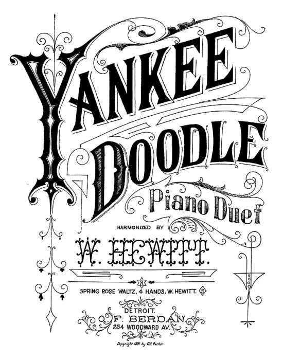 Framed Print : Yankee Doodle, patriotic American song, piano duet harmonized by W. Hewitt, sheet music, 1881
