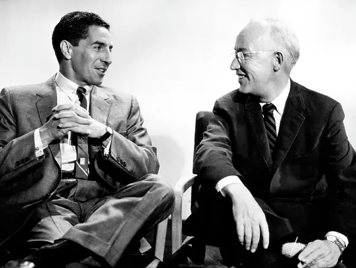 Framed Print : Former Yankee shortstop Phil Rizzuto (left), with nationally syndicated sports columnist Red Smith (right), 1958.. Courtesy: CSU Archives  /  Everett Collection