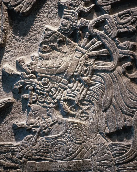 Framed Print : Yaxchiln Lintel 53. 766. Late Classic period. Ritual scene with the governor Jaguar Shield, wearing quetzal feathers. Maya art. Relief on rock. MEXICO. Mexico City