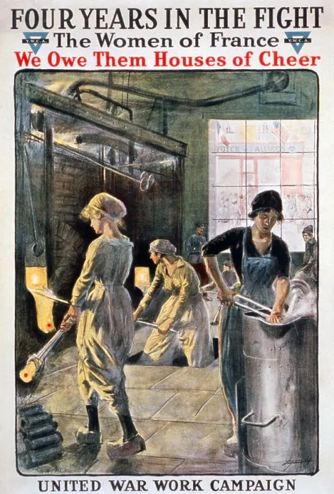 Framed Print : Four years in the fight'. Women working in a munitions factory during World War I. YWCA fundraising poster. Color lithograph, ca. 1918 Framed Print : Four years in the fight'. Women working in a munitions factory during World War I. YWCA fundraising poster. Color lithograph, ca. 1918