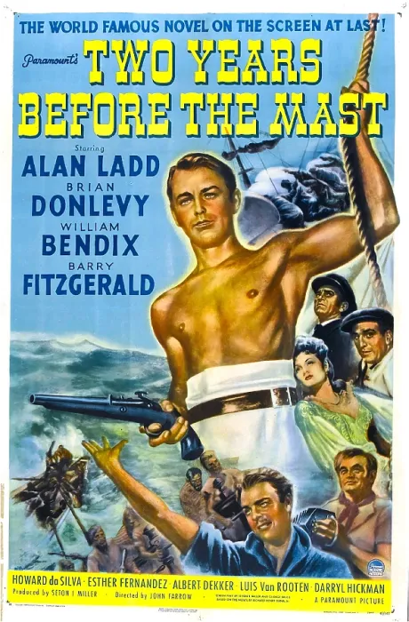Framed Print : TWO YEARS BEFORE THE MAST, US poster, Alan Ladd (center), Brian Donlevy (arm outstretched), Esther Fernandex (right of Alan Ladd), 1946