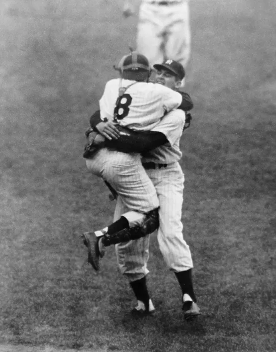 Framed Print : Yogi Berra and Don Larsen celebrate the Yankee pitcher's perfect World Series game. Oct. 8, 1956. New York Yankees won the 1956 World Series against the Brooklyn Dodgers