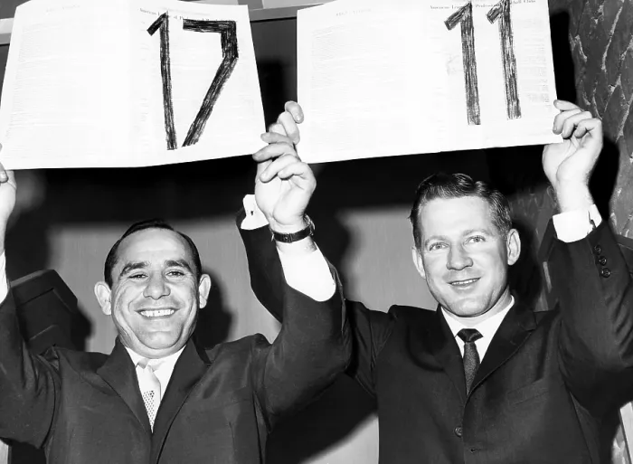 Framed Print : Yogi Berra and Whitey Ford hold up their 17th and 11th contracts with the Yankees, respectively, 1962. Courtesy: CSU Archives / Everett Collection Framed Print : Yogi Berra and Whitey Ford hold up their 17th and 11th contracts with the Yankees, respectively, 1962. Courtesy: CSU Archives / Everett Collection