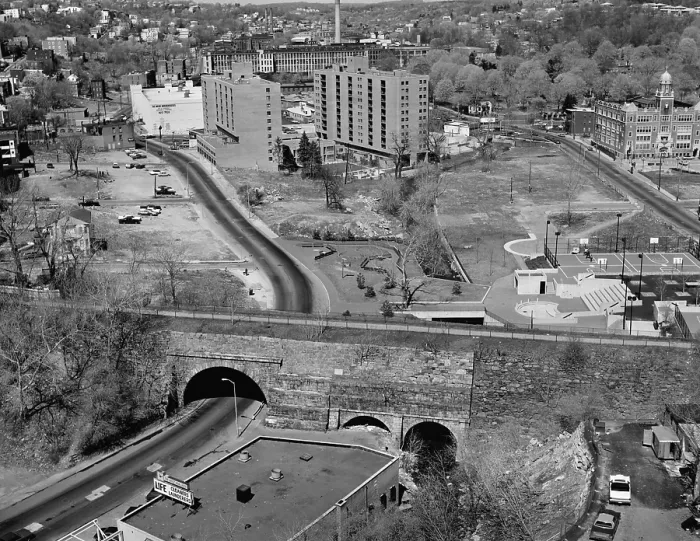 Framed Print : Yonkers, New York, ca. 1980. Aerial view showing Old Croton Aqueduct was opening in 1842 transporting water from Upstate Reservoir to New York City Framed Print : Yonkers, New York, ca. 1980. Aerial view showing Old Croton Aqueduct was opening in 1842 transporting water from Upstate Reservoir to New York City