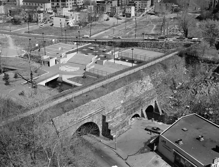 Framed Print : Yonkers, New York, ca. 1980. Aerial view showing Old Croton Aqueduct was opening in 1842 transporting water from Upstate Reservoir to New York City Framed Print : Yonkers, New York, ca. 1980. Aerial view showing Old Croton Aqueduct was opening in 1842 transporting water from Upstate Reservoir to New York City