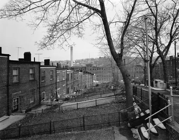 Framed Print : Yonkers, New York, ca. 1980. Moquette Row Housing, are 18th century industrial housing with generous backyards. View east showing south rear elevations from Orchard Street Framed Print : Yonkers, New York, ca. 1980. Moquette Row Housing, are 18th century industrial housing with generous backyards. View east showing south rear elevations from Orchard Street