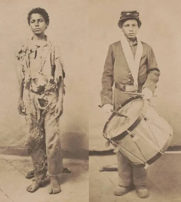 Framed Print : Young African American drummer boy for 78th Colored Troops Infantry, 1864-65. On left, as he appeared when in his slave rags Framed Print : Young African American drummer boy for 78th Colored Troops Infantry, 1864-65. On left, as he appeared when in his slave rags