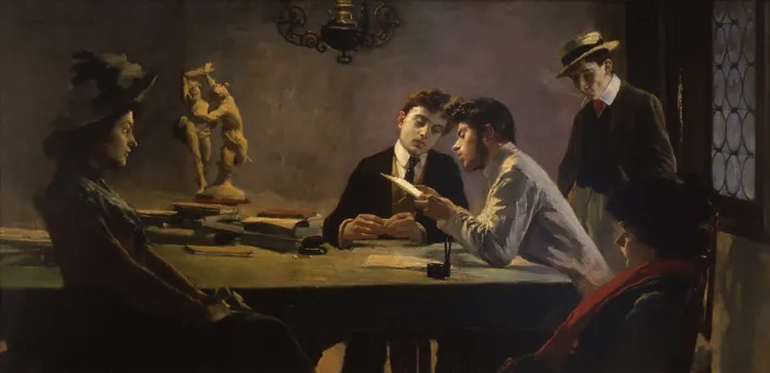 Framed Print : Young Authors, by Oreste da Molin, 1903, 20th Century, canvas - Private collection. Whole artwork view. Group of young men sitting around a table covered with books