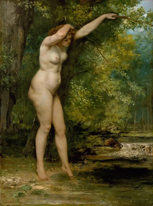 Framed Print : THE YOUNG BATHER, by Gustave Courbet, 1866, French painting, oil on canvas. Realistic nude without prettifying idealizations in a forest setting