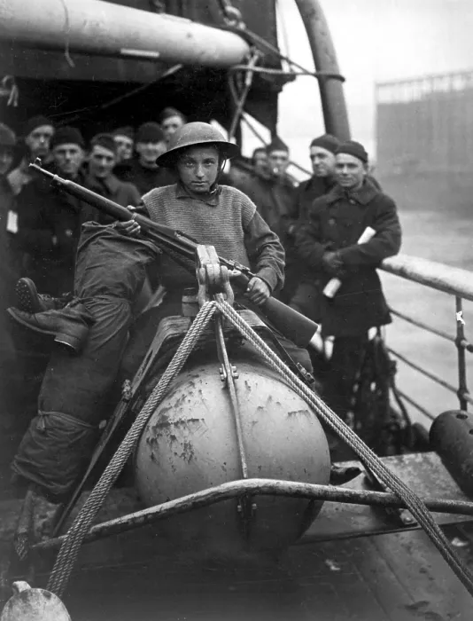 Framed Print : Young Belgian stowaway in soldiers clothing Framed Print : Young Belgian stowaway in soldiers clothing