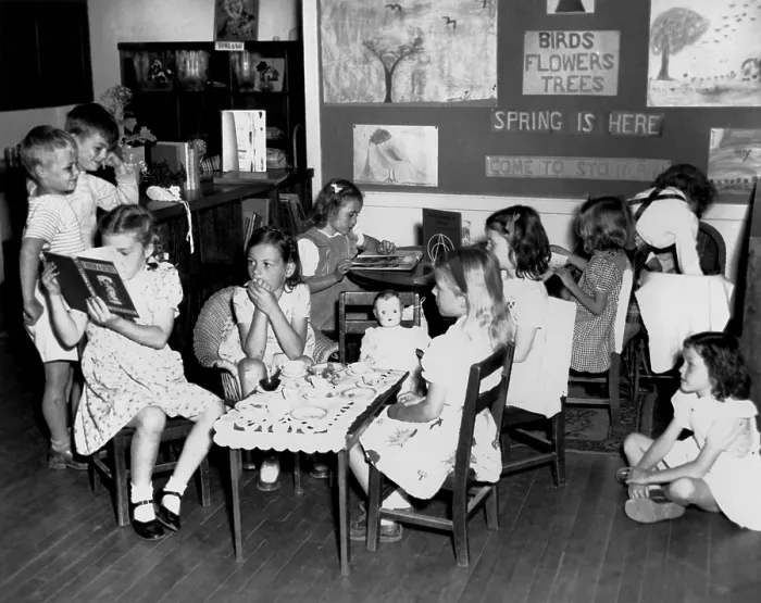 Framed Print : Young children at the Pine Valley School, Oak Ridge, Tennessee. Some are reading, other are playing tea party'. April 20, 1945. Photo by Ed Westcott. (BSLOC_2014_13_182) Framed Print : Young children at the Pine Valley School, Oak Ridge, Tennessee. Some are reading, other are playing tea party'. April 20, 1945. Photo by Ed Westcott. (BSLOC_2014_13_182)
