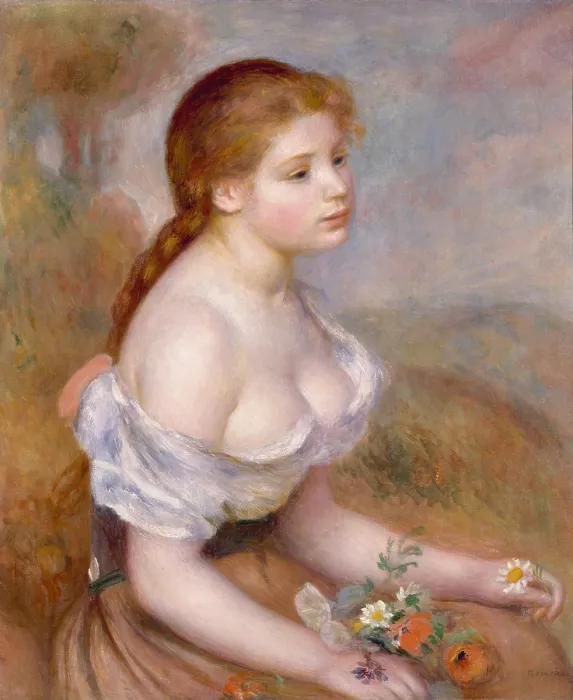 Framed Print : A Young Girl with Daisies, by Auguste Renoir, 1889, French impressionist painting, oil on canvas Framed Print : A Young Girl with Daisies, by Auguste Renoir, 1889, French impressionist painting, oil on canvas