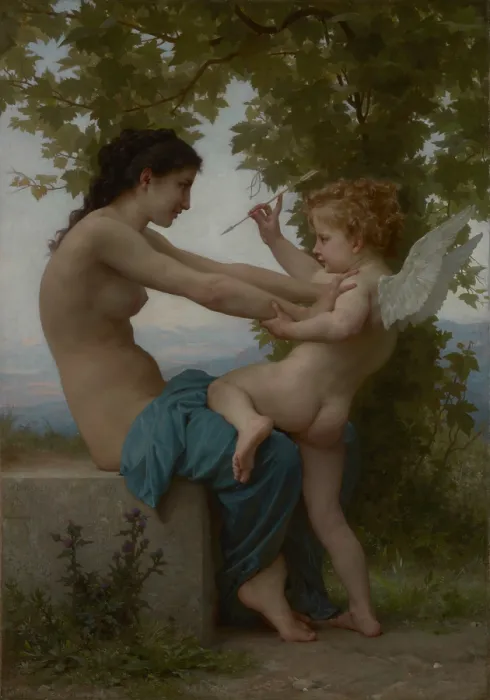 Framed Print : A Young Girl Defending Herself against Eros, by William Adolphe Bouguereau, 1880, French painting, oil on canvas