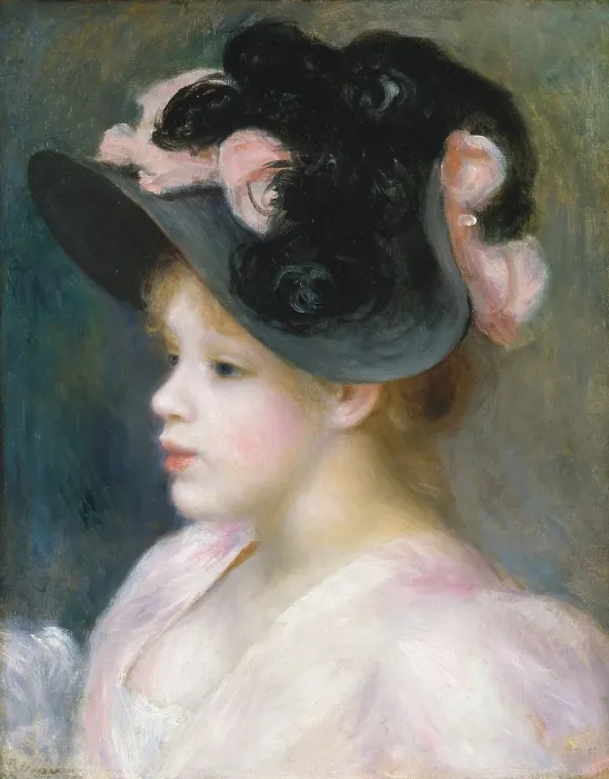 Framed Print : Young Girl in a Pink-and-Black Hat, by Auguste Renoir, 1891, French impressionist oil painting