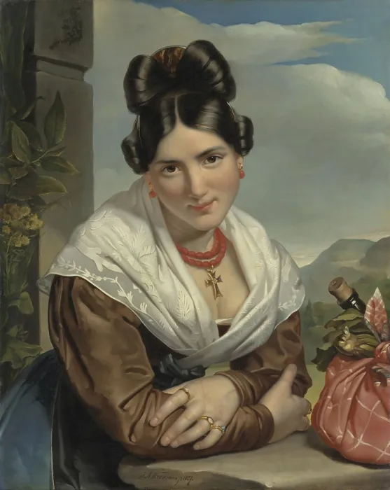 Framed Print : A Young Girl Reposing, by Jan Adam Kruseman, 1827, Dutch painting, oil on canvas. Young woman in Italian costume leaning forward with her folded arms on a balustrade Framed Print : A Young Girl Reposing, by Jan Adam Kruseman, 1827, Dutch painting, oil on canvas. Young woman in Italian costume leaning forward with her folded arms on a balustrade