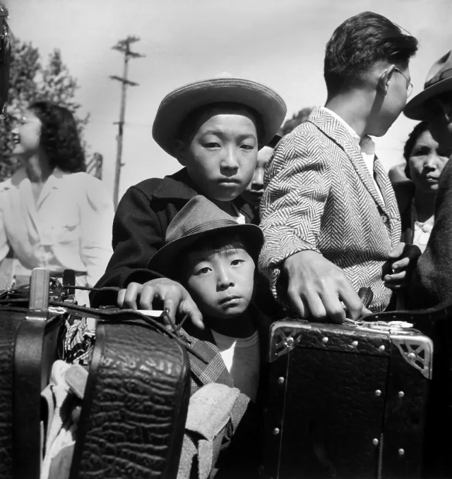 Framed Print : Young Japanese Americans internees in a baggage inspection line, May 2, 1942 Framed Print : Young Japanese Americans internees in a baggage inspection line, May 2, 1942