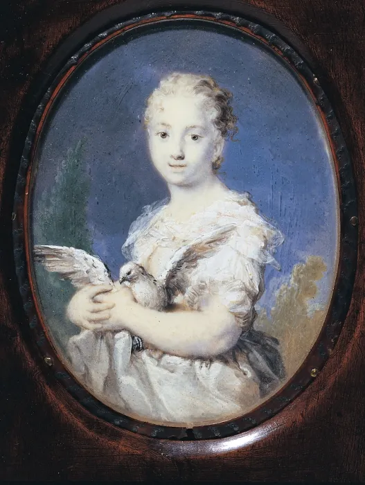 Framed Print : Young Lady with a Dove, by Rosalba Carriera, 1705, 18th Century, tempera on ivory, cm 15 x 10 - Italy, Lazio, Rome, National Academy of San Luca. All