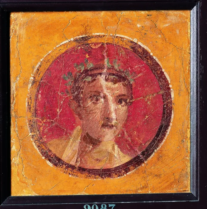 Framed Print : Young Man with Crown, by unknown artist, 45-79, 1st Century A.D. ripped fresco, 24 x 24 cm - Italy, Campania, Naples, National Archaeological Museum, Room LXXVIII, inv. 9087
