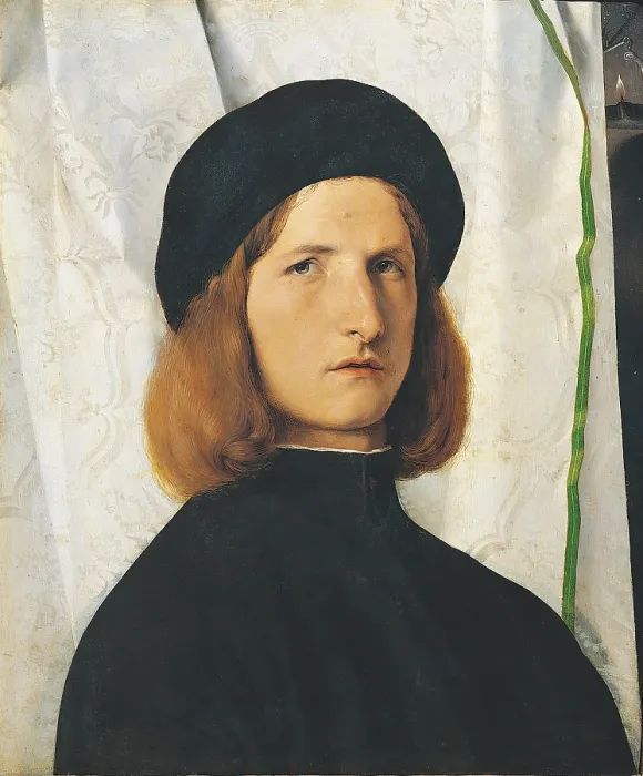 Framed Print : Young Man with an Oil lamp (Portrait of a Young Man in front of a White Curtain), by Lorenzo Lotto, 1506 - 1508 about, 16th Century, oil on panel, cm 42, 3 x 35, 3 - Austria, Wien Framed Print : Young Man with an Oil lamp (Portrait of a Young Man in front of a White Curtain), by Lorenzo Lotto, 1506 - 1508 about, 16th Century, oil on panel, cm 42, 3 x 35, 3 - Austria, Wien