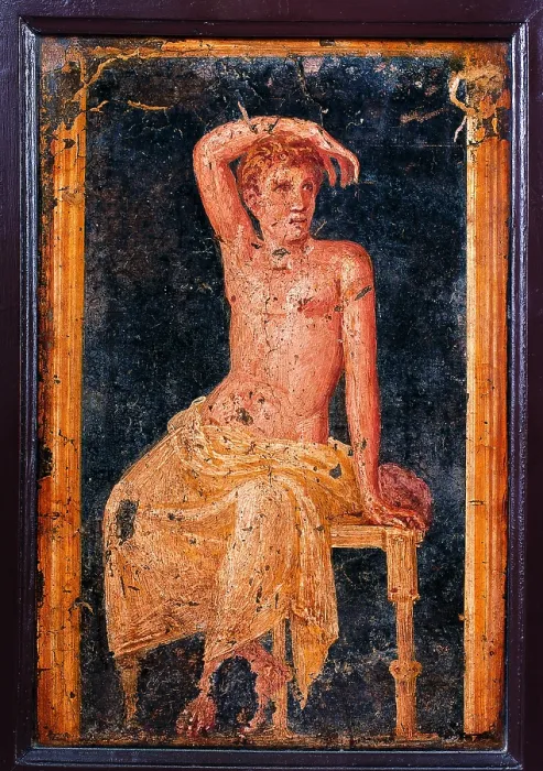 Framed Print : Young Man Sitting, by unknown artist, 54-69, 1st Century A.D. ripped fresco, 50 x 33 cm - Italy, Campania, Naples, National Archaeological Museum, Room LXXVII, inv. 9093