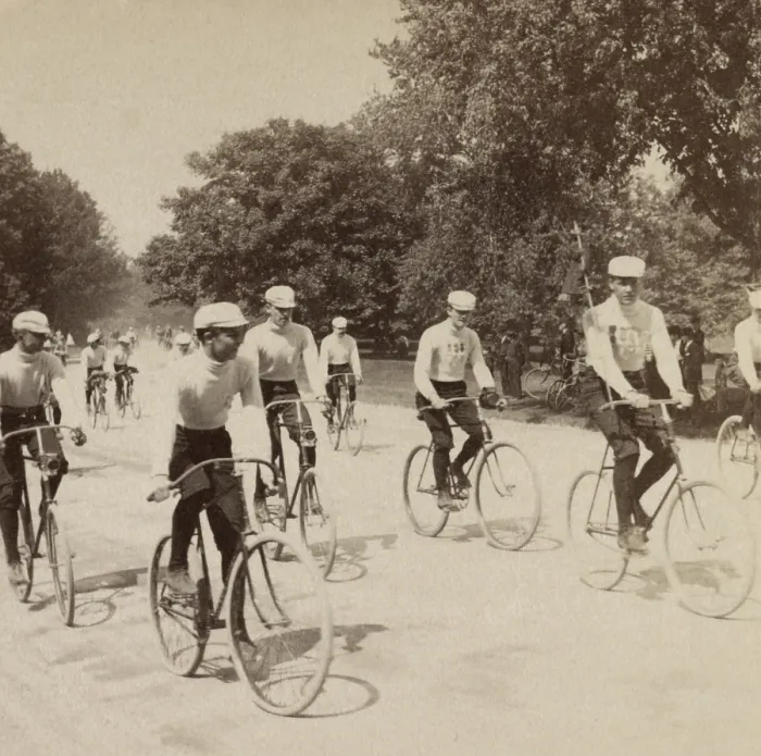 Framed Print : Ten young men riding bicycles in New York Citys Central Park, 1895. Their identical costumes suggest they are members of a cycling club (BSLOC_2018_2_175)