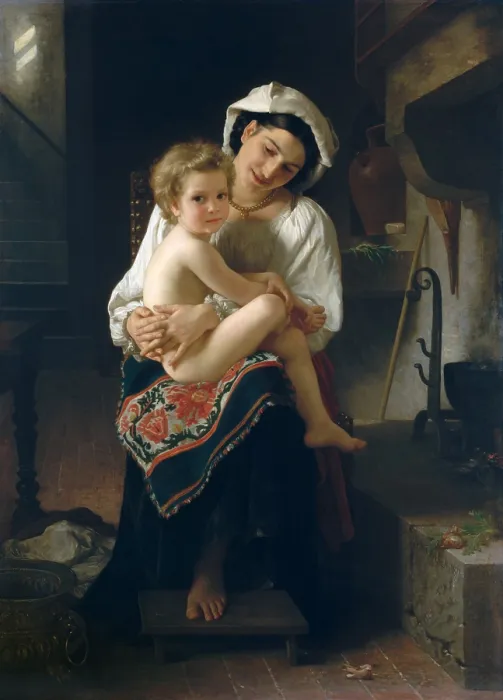 Framed Print : YOUNG MOTHER GAZING AT HER CHILD, by William Bouguereau, 1871, French painting, oil on canvas