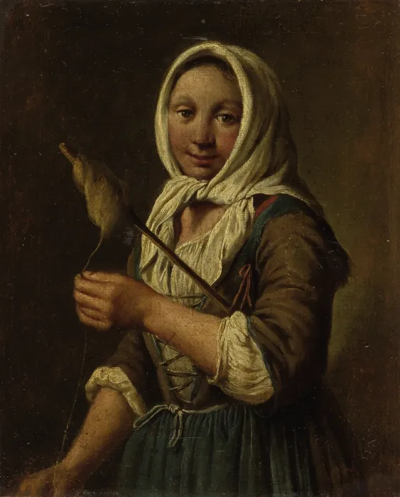 Framed Print : Young peasant woman spinning, by Paolo Borroni, 1780, 17th Century, oil on canvas - Italy, Lombardy, Milan, Castello Sforzesco, Civic Collections of Ancient Art